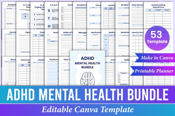 Download ADHD Mental Health Planner Bundle Canva - Bundle Collection