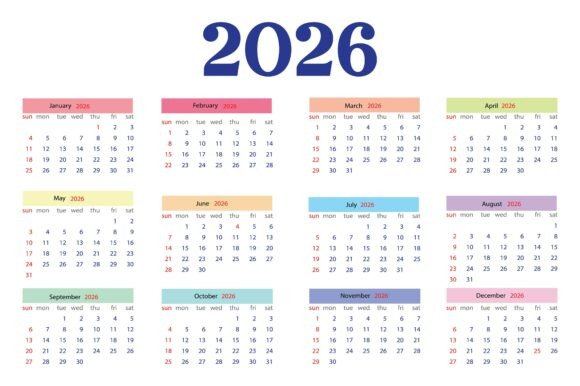 Download Calendar of Year 2026 with Twelve Months - Calendar of year Collection